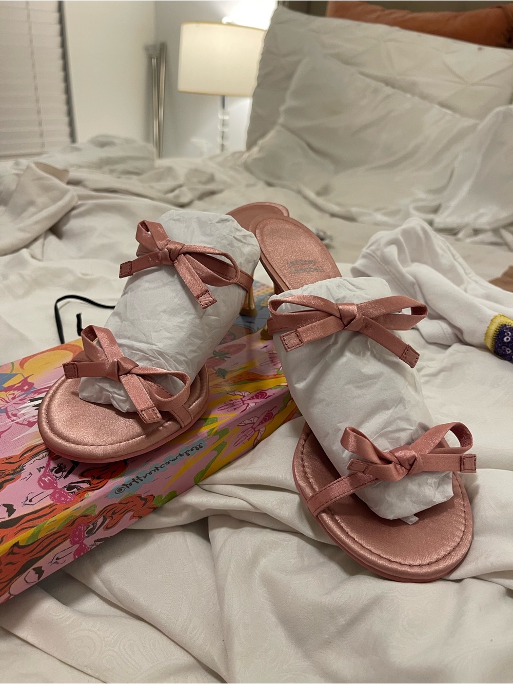 Jeffrey Campbell Pink Satin Bow Slide Heels with Gold Stiletto - Picture 3 of 5